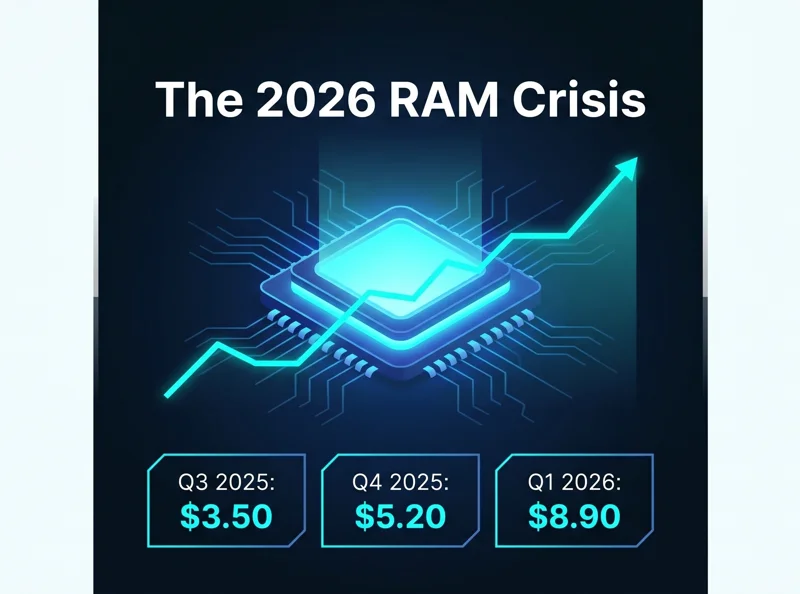 Infographic showing the sharp increase in LPDDR5x RAM costs from Q3 2025 to Q1 2026 due to AI supply chain shortages.