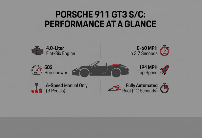 An infographic detailing the performance specifications of the Porsche 911 GT3 S/C, highlighting its 502 horsepower flat-six engine, manual transmission, and 194 mph top speed.