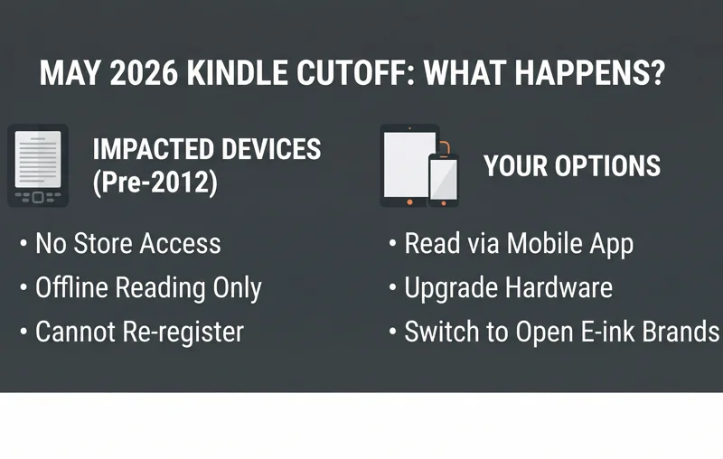 Infographic explaining the impact of the May 2026 Kindle cutoff on pre-2012 devices and listing user options like upgrading hardware or switching to alternative e-ink brands.