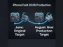 Infographic showing the iPhone Fold mass production timeline shifted from the original target of June to the new target of August 2026.