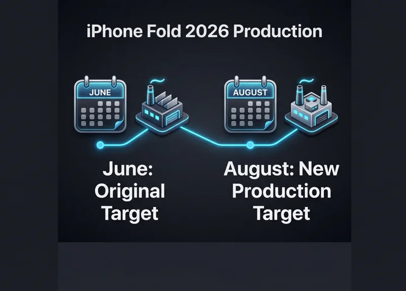Infographic showing the iPhone Fold mass production timeline shifted from the original target of June to the new target of August 2026.