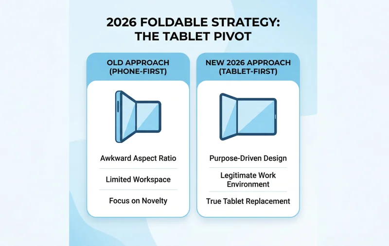 Infographic comparing the old phone-first foldable design with the new 2026 tablet-first 4:3 aspect ratio approach