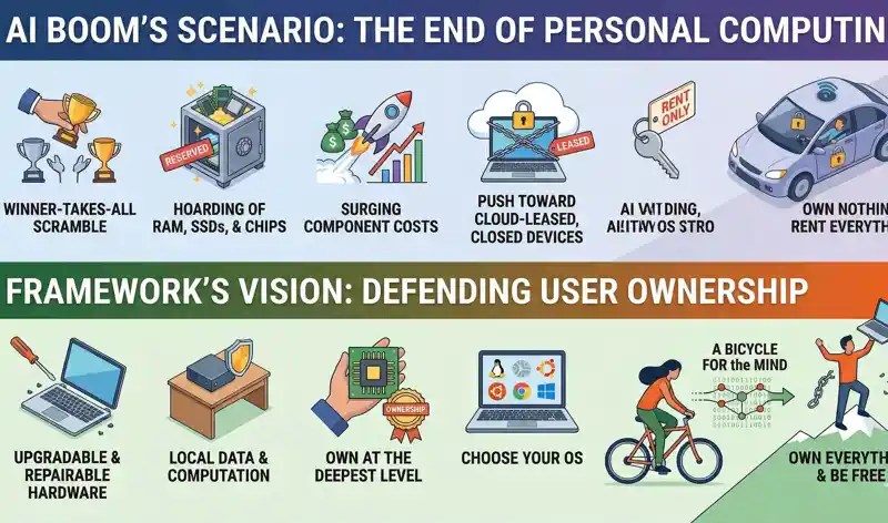 Infographic comparing the AI boom's push for cloud-leased devices and the end of personal computing against Framework's vision of upgradable, repairable hardware and user ownership.