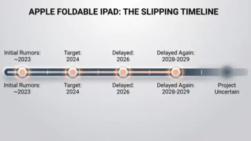 Infographic showing the timeline of Apple's foldable iPad release date rumors slipping from 2024 to an uncertain future.