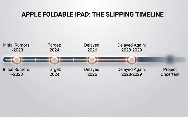 Infographic showing the timeline of Apple's foldable iPad release date rumors slipping from 2024 to an uncertain future.