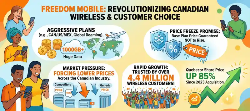 Infographic showing Freedom Mobile's aggressive pricing strategy, the Price Freeze Promise, and their rapid growth to over 4.4 million Canadian wireless customers.