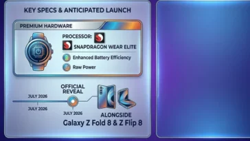 Infographic detailing the key specifications of the Galaxy Watch Ultra 2, featuring the Snapdragon Wear Elite processor, and its expected July 2026 launch alongside the Galaxy Z Fold 8 and Z Flip 8