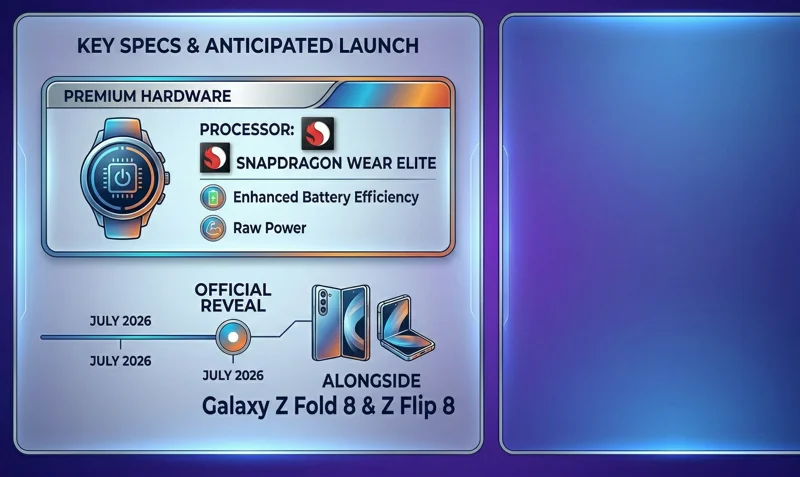 Infographic detailing the key specifications of the Galaxy Watch Ultra 2, featuring the Snapdragon Wear Elite processor, and its expected July 2026 launch alongside the Galaxy Z Fold 8 and Z Flip 8