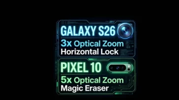 A side-by-side infographic comparing the Samsung Galaxy S26 and Google Pixel 10, highlighting the $899 price for 256GB on the S26 versus the $799 price for 128GB on the Pixel 10, along with processor and weight differences.