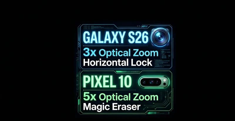 A side-by-side infographic comparing the Samsung Galaxy S26 and Google Pixel 10, highlighting the $899 price for 256GB on the S26 versus the $799 price for 128GB on the Pixel 10, along with processor and weight differences.