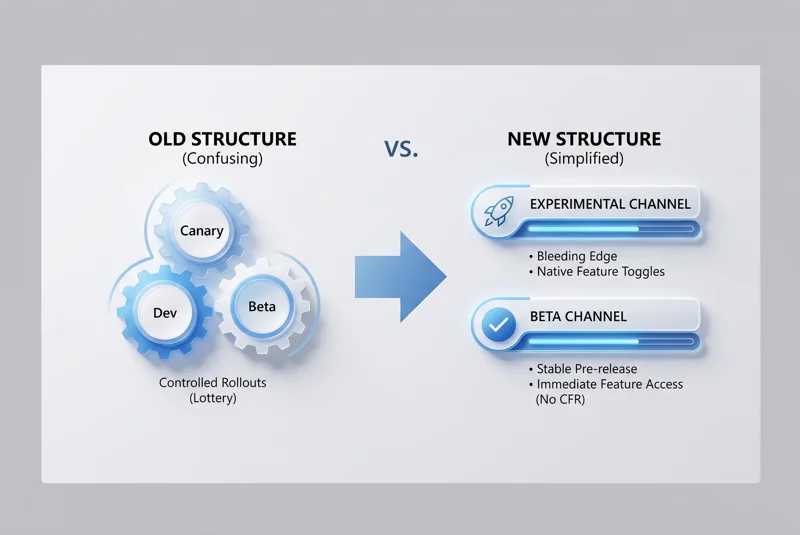 Infographic comparing the old confusing Windows Insider channels with the new simplified 2026 structure, highlighting the new Experimental and Beta channels.