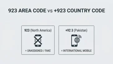 Infographic explaining the difference between the unassigned 923 North American area code and the +923 international country code for Pakistan.