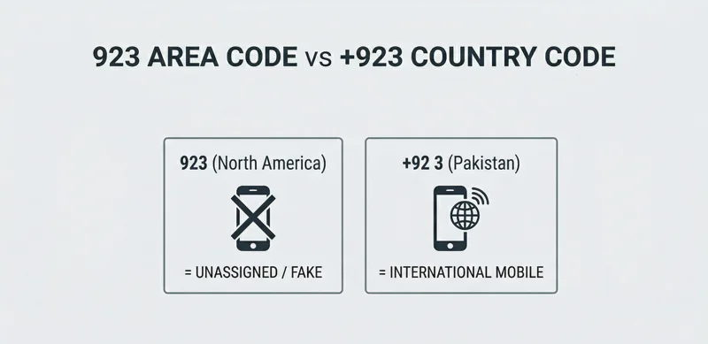 Infographic explaining the difference between the unassigned 923 North American area code and the +923 international country code for Pakistan.