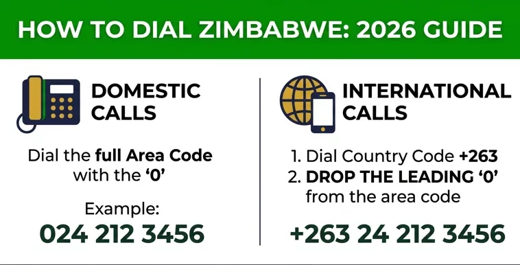 Infographic explaining how to use the area code Zimbabwe requires for international calls, including the +263 country code rule.
