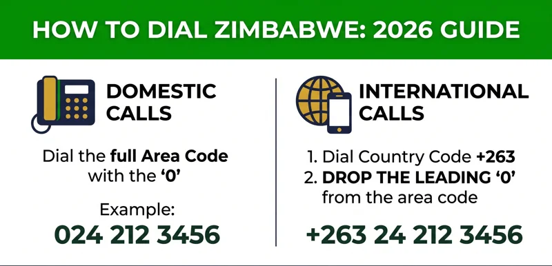 Infographic explaining how to use the area code Zimbabwe requires for international calls, including the +263 country code rule.