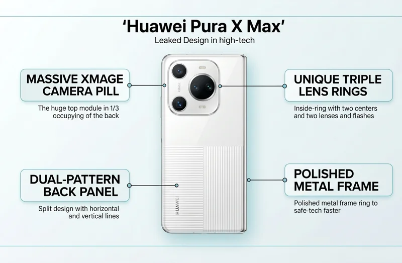 Infographic showing the leaked rear design of the glossy white Huawei Pura X Max, highlighting the massive XMAGE camera pill, dual-pattern back panel, and polished metal frame.