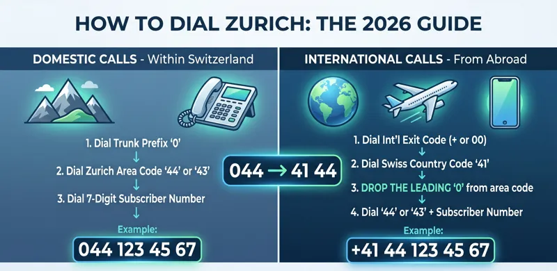 Infographic showing how to format the area code Zurich uses for both domestic and international calls, including the +41 country code.