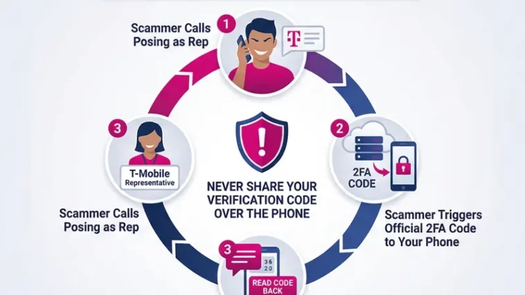 Infographic explaining the 456 T-Mobile text scam process and warning users never to share verification codes over the phone.