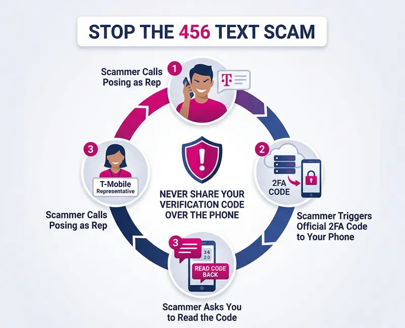 Infographic explaining the 456 T-Mobile text scam process and warning users never to share verification codes over the phone.