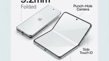 Infographic showing the 9.2mm folded and 4.7mm unfolded dimensions of the leaked Foldable iPhone Ultra, featuring an Android-style punch-hole camera and side Touch ID.