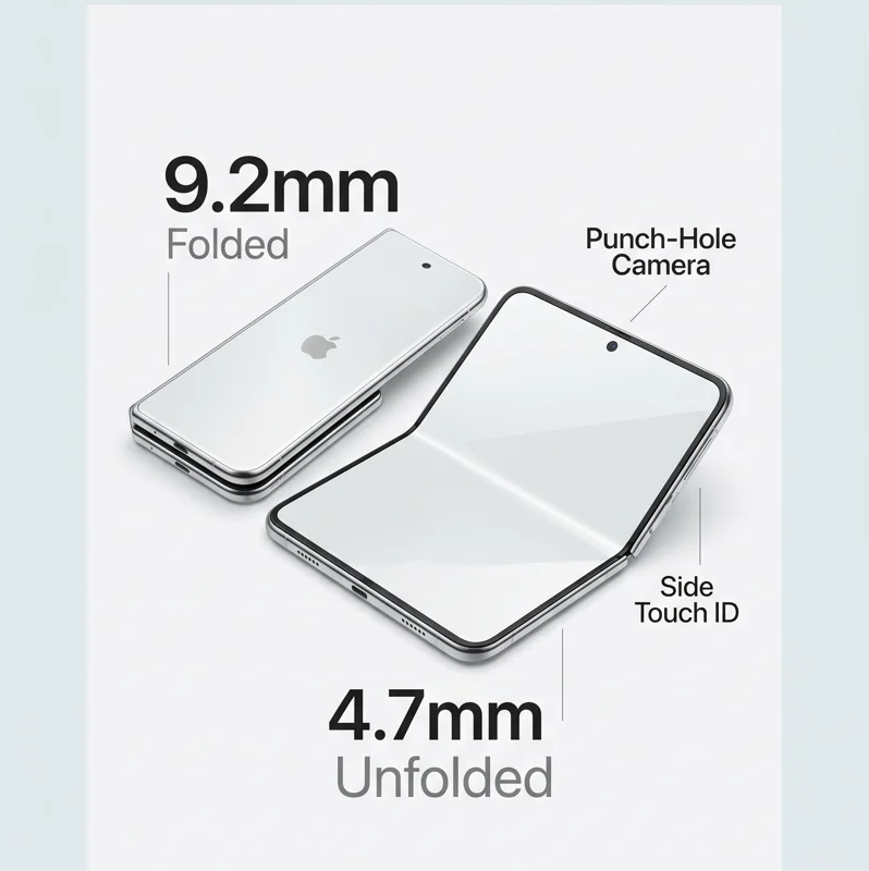 Infographic showing the 9.2mm folded and 4.7mm unfolded dimensions of the leaked Foldable iPhone Ultra, featuring an Android-style punch-hole camera and side Touch ID.