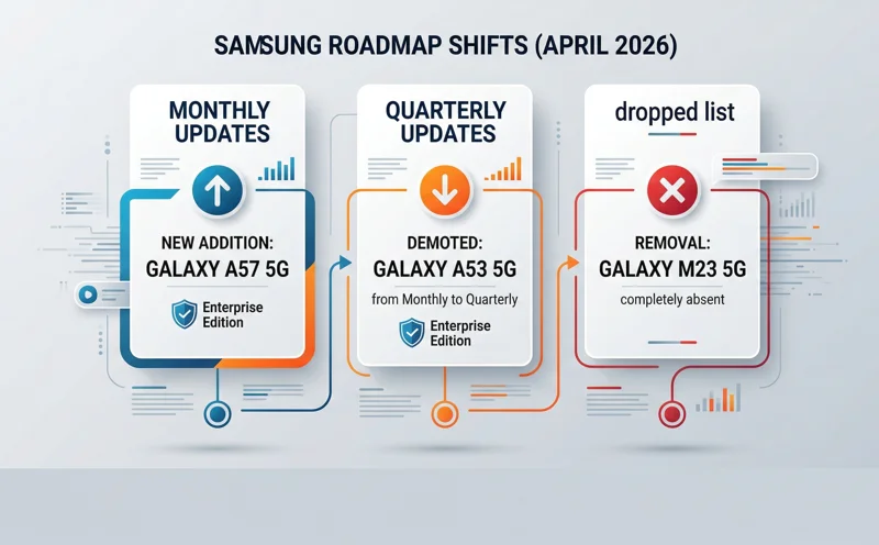 Infographic showing the April 2026 Samsung software roadmap changes, including the addition of the Galaxy A57 5G to monthly updates, the demotion of the Galaxy A53 5G to quarterly, and the removal of the Galaxy M23 5G.