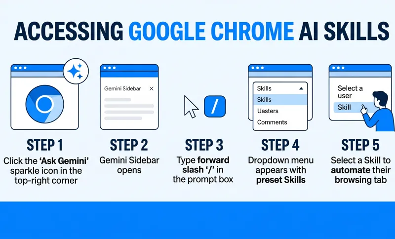 An infographic illustrating the 5-step process to access Google Chrome AI powered skills via the Gemini sidebar and forward slash command.