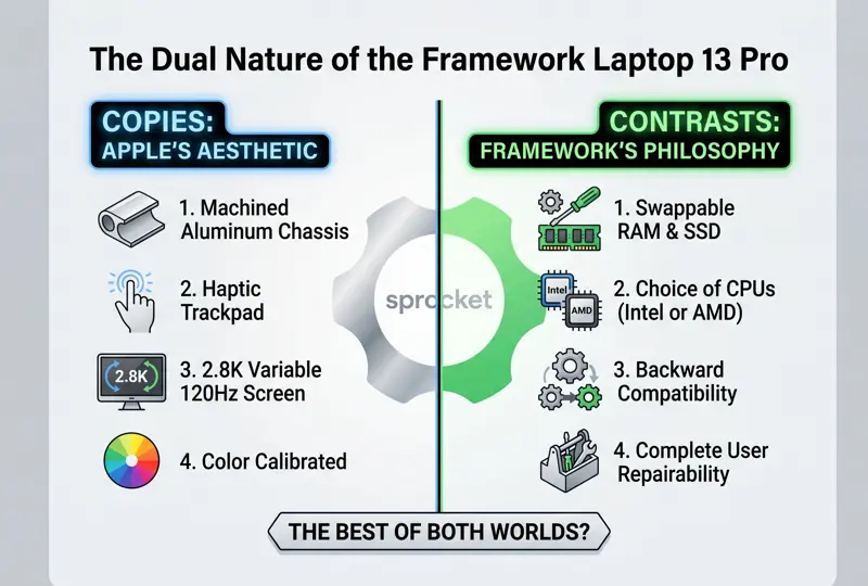 A side-by-side infographic comparing the Framework 13 Pro's Apple-like premium design features to its contrasting philosophy of user repairability and modularity.