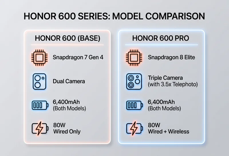 A side-by-side infographic comparing the specifications of the Honor 600 and Honor 600 Pro, highlighting differences in Snapdragon processors, camera layouts, and charging features.