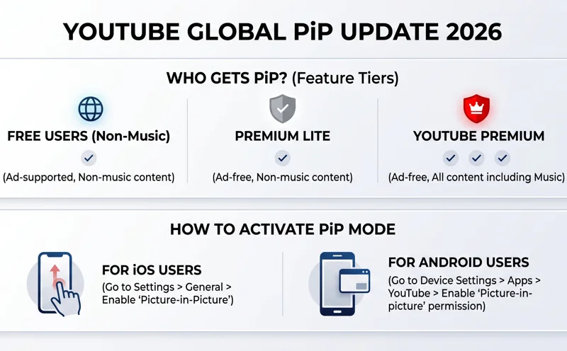 Infographic comparing YouTube Picture-in-Picture availability for Free, Premium Lite, and Premium users globally in 2026.