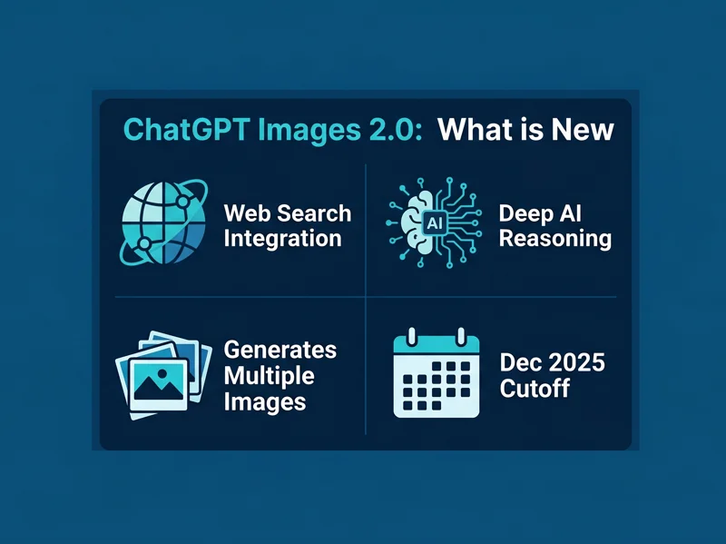 Infographic showing the new features of ChatGPT Images 2.0, including web search integration, AI reasoning capabilities, multiple image prompts, and the December 2025 knowledge cutoff.