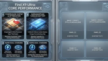 Infographic detailing the core performance specs of the Oppo Find X9 Ultra, including the Snapdragon 8 Ultra chip, Tide Engine optimization, and the massive 7,050mAh battery with 100W wired and 50W wireless fast charging.
