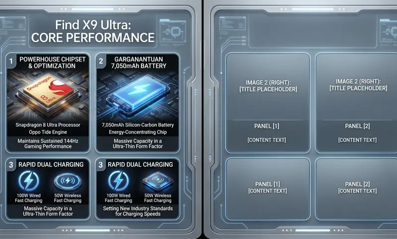 Infographic detailing the core performance specs of the Oppo Find X9 Ultra, including the Snapdragon 8 Ultra chip, Tide Engine optimization, and the massive 7,050mAh battery with 100W wired and 50W wireless fast charging.
