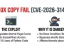 Infographic explaining the Linux Copy Fail exploit, CVE-2026-31431, detailing how it manipulates the kernel page cache to instantly grant root access and bypasses standard detection methods.