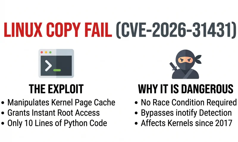 Infographic explaining the Linux Copy Fail exploit, CVE-2026-31431, detailing how it manipulates the kernel page cache to instantly grant root access and bypasses standard detection methods.