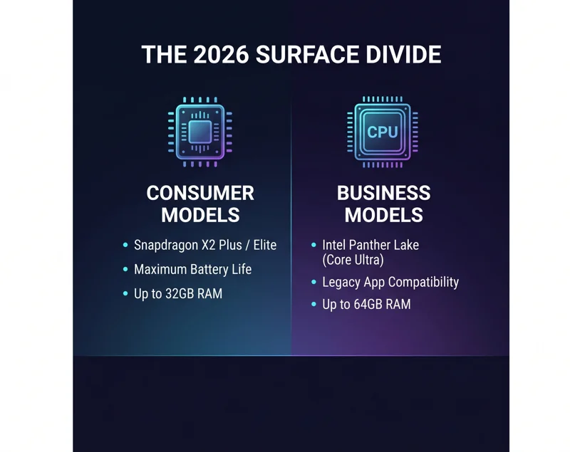 Comparison infographic showing Microsoft's 2026 strategy with Snapdragon X2 processors for consumer Surface models and Intel Panther Lake processors for business models.