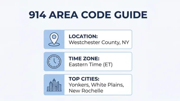Infographic displaying the 914 area code location in Westchester County, New York, including its Eastern Time Zone and major cities like Yonkers and White Plains.