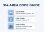Infographic displaying the 914 area code location in Westchester County, New York, including its Eastern Time Zone and major cities like Yonkers and White Plains.