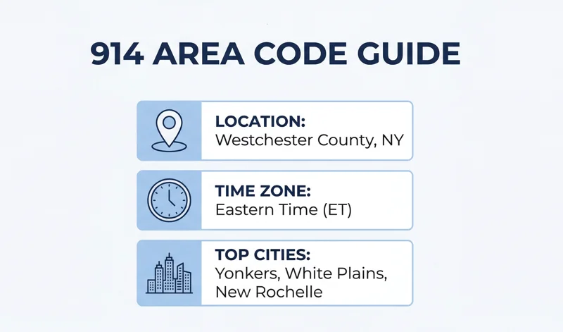 Infographic displaying the 914 area code location in Westchester County, New York, including its Eastern Time Zone and major cities like Yonkers and White Plains.