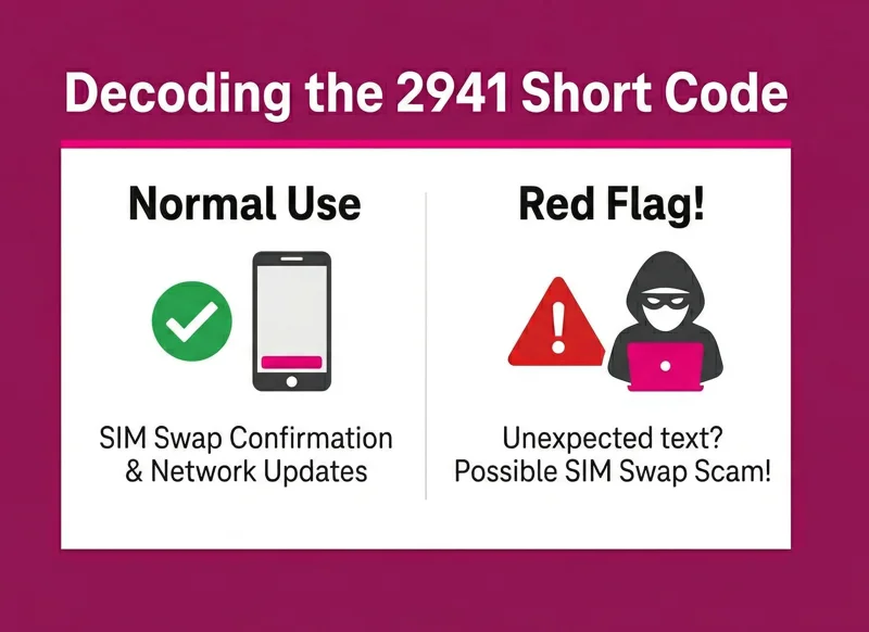 Infographic explaining the 2941 short code text message, showing the difference between a legitimate T-Mobile SIM swap confirmation and a potential security red flag.