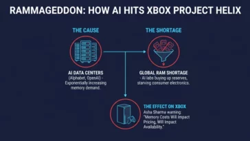Flowchart infographic showing how massive AI data center memory demands from companies like OpenAI are causing a global RAM shortage, ultimately impacting the pricing and availability of the next-gen Xbox Project Helix.