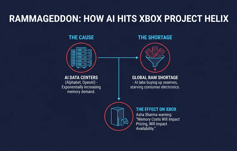 Flowchart infographic showing how massive AI data center memory demands from companies like OpenAI are causing a global RAM shortage, ultimately impacting the pricing and availability of the next-gen Xbox Project Helix.