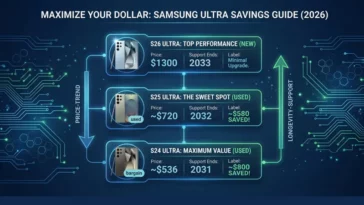 A head-to-head infographic comparing the features and price of the new 1,300 dollar Galaxy S26 Ultra against the used 720 dollar Galaxy S25 Ultra, highlighting a massive 580 dollars in savings.