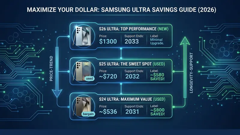 A head-to-head infographic comparing the features and price of the new 1,300 dollar Galaxy S26 Ultra against the used 720 dollar Galaxy S25 Ultra, highlighting a massive 580 dollars in savings.