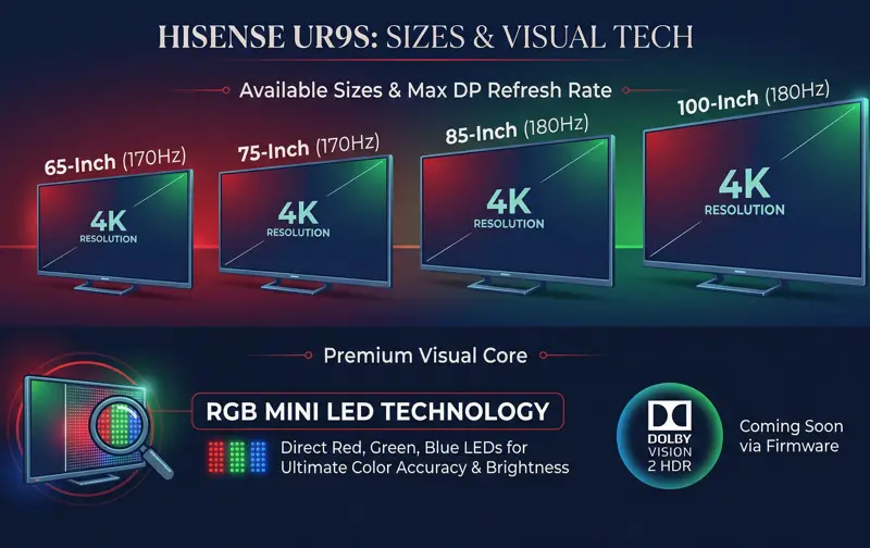 Infographic detailing the Hisense UR9S TV lineup sizes from 65 to 100 inches, their respective 170Hz and 180Hz DisplayPort refresh rates, and the new RGB Mini LED panel technology.