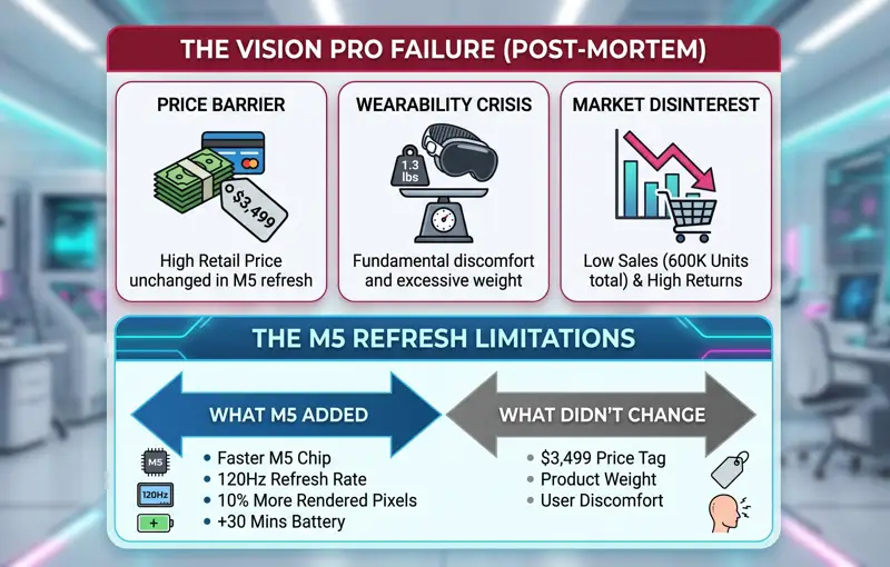 Infographic detailing the reasons for the Apple Vision Pro failure, highlighting the high price barrier, uncomfortable weight, and low sales, alongside the limitations of the M5 hardware refresh.
