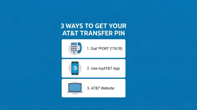 Infographic illustrating three easy methods to get your AT&T transfer PIN, including dialing *7678, using the myAT&T app, or visiting the official website.