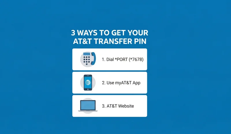 Infographic illustrating three easy methods to get your AT&T transfer PIN, including dialing *7678, using the myAT&T app, or visiting the official website.