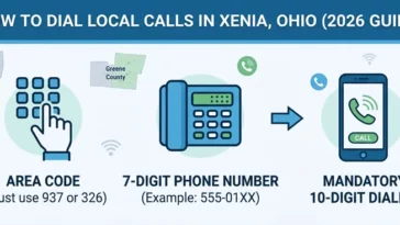 An infographic showing the mandatory 10-digit local dialing process for area code Xenia Ohio, using either the 937 or 326 prefixes.
