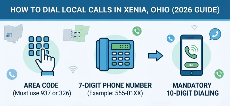 An infographic showing the mandatory 10-digit local dialing process for area code Xenia Ohio, using either the 937 or 326 prefixes.